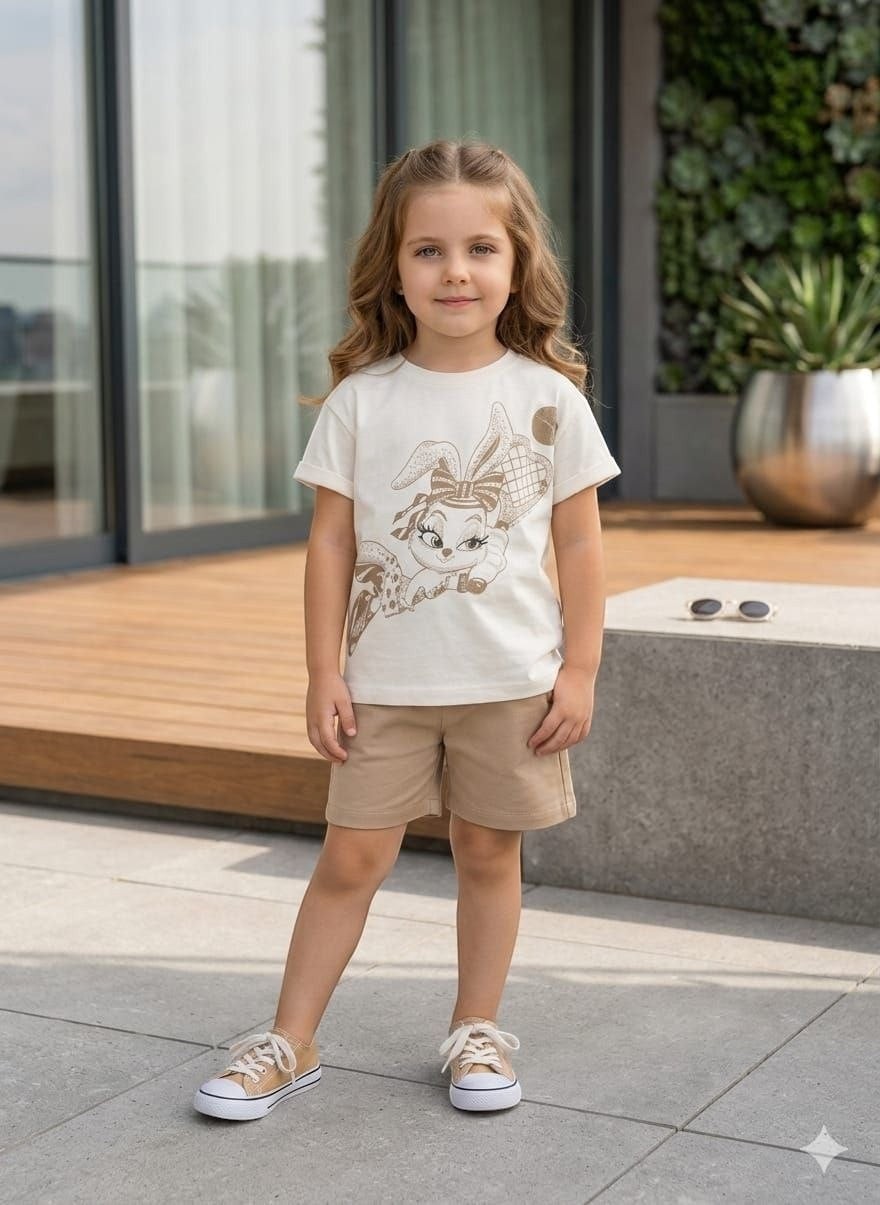 The Nile Luxuries girls summer outfit with cream bunny graphic t-shirt and tan shorts worn by a young girl outdoors.