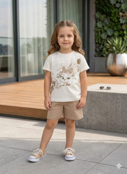 The Nile Luxuries girls summer outfit with cream bunny graphic t-shirt and tan shorts worn by a young girl outdoors.
