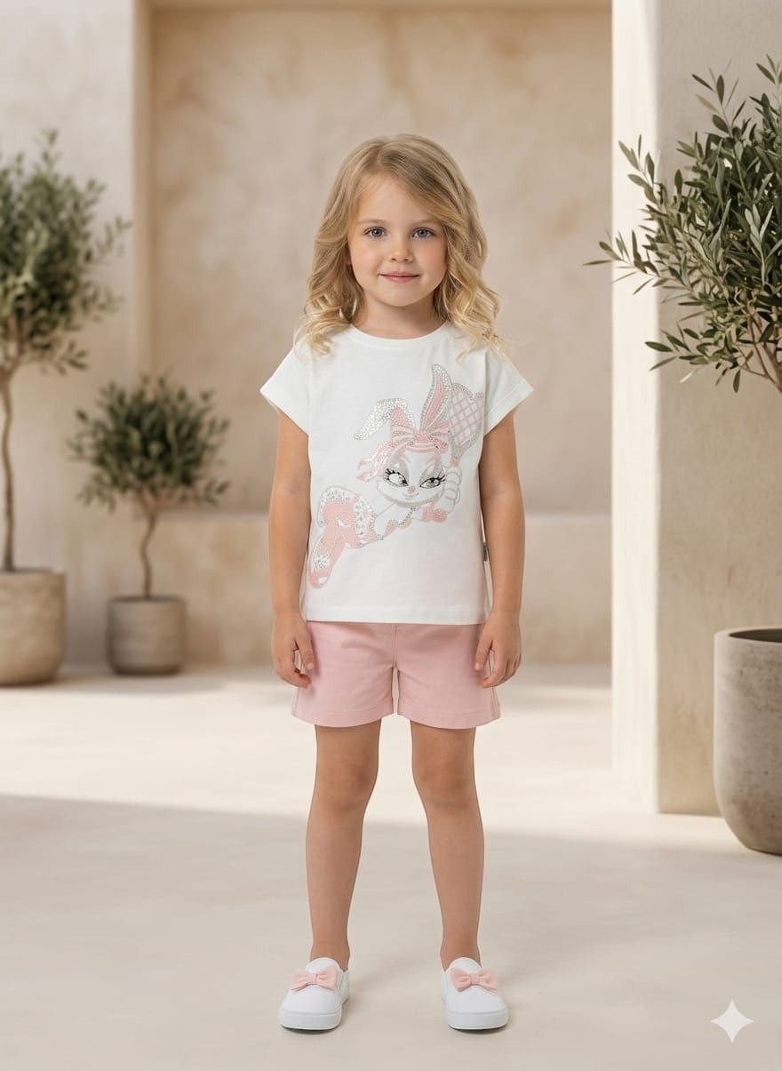 The Nile Luxuries girls white graphic t-shirt with bunny print and pink shorts set worn by a young girl