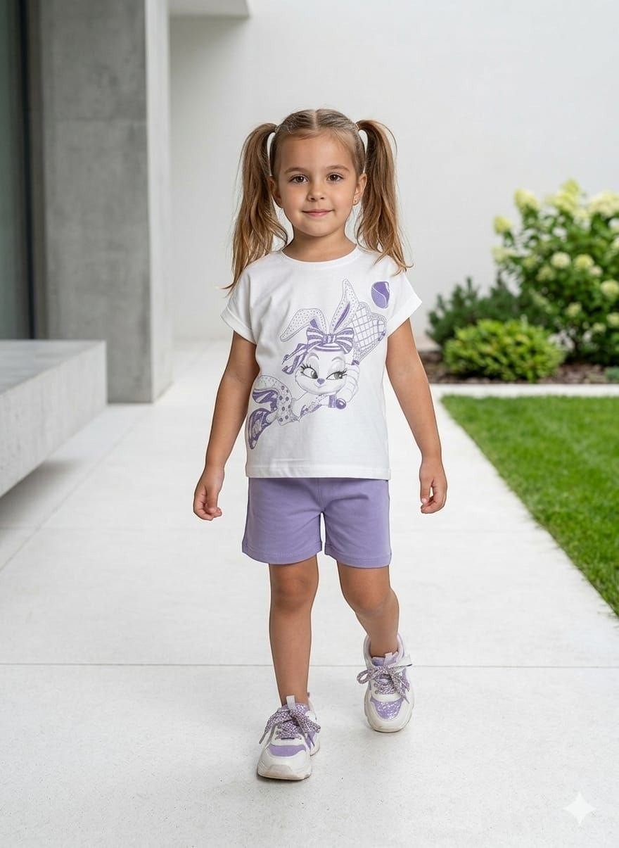The Nile Luxuries girls summer outfit with a white bunny graphic t-shirt and purple cotton shorts on a young girl.