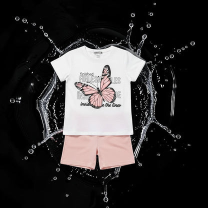 The Nile Luxuries white cotton t-shirt with pink butterfly graphic and pink shorts set for girls.