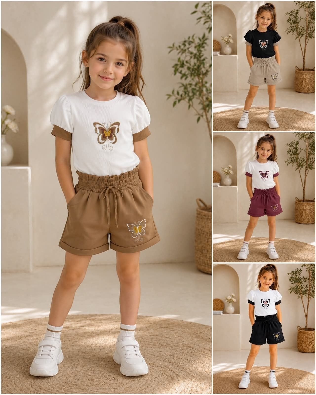 The Nile Luxuries girls butterfly embroidered ribbed puff sleeve top and paper-bag waist shorts set in various colors.
