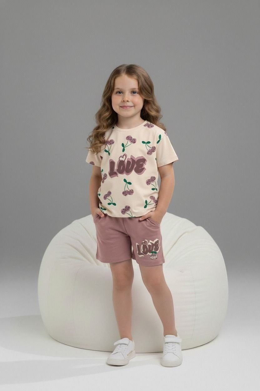 Girl wearing The Nile Luxuries cream cherry-print t-shirt and mauve shorts with LOVE graphic, standing by beanbag.