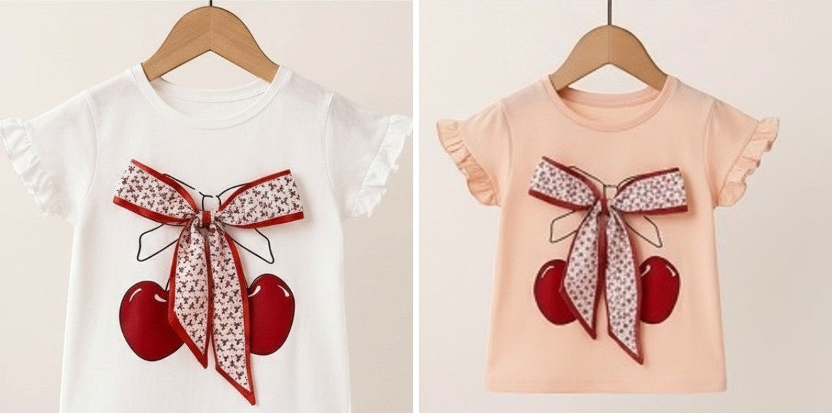 The Nile Luxuries girls' white cotton t-shirt with cherry graphic, bow, and ruffled sleeves.