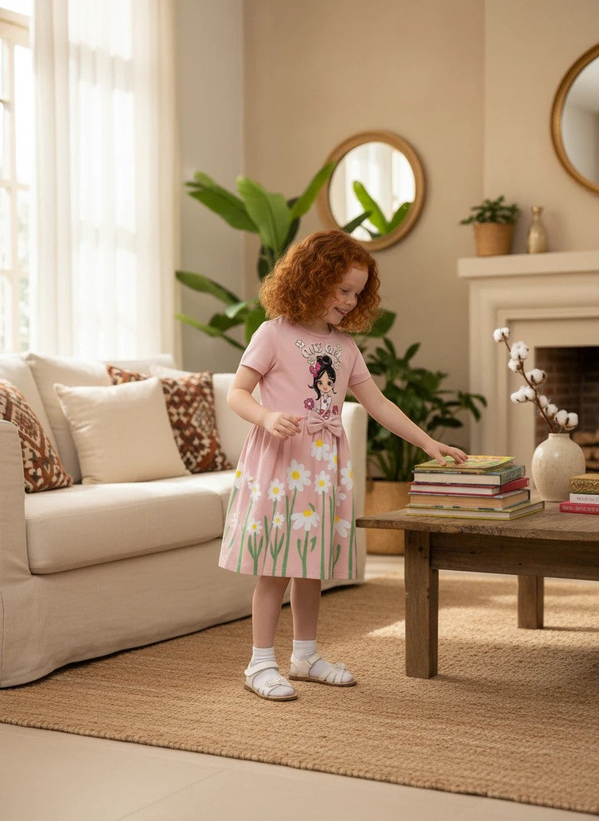 The Nile Luxuries pink A-line dress with daisy print, graphic bodice, and waist bow worn by a girl in a living room.