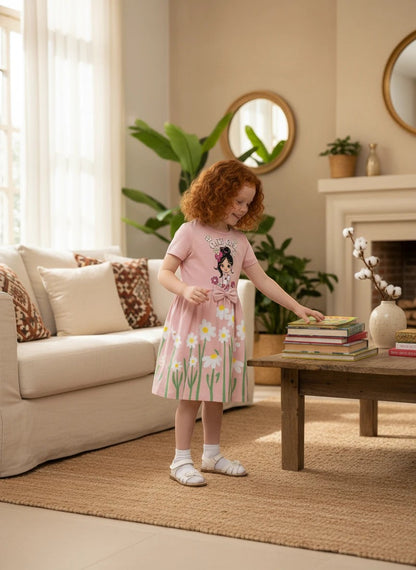 The Nile Luxuries pink A-line dress with daisy print, graphic bodice, and waist bow worn by a girl in a living room.