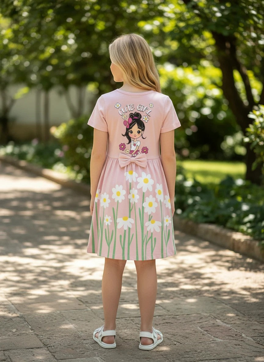 The Nile Luxuries pink casual summer dress with daisy print, Cute Girl graphic, and waist bow worn by a young girl.