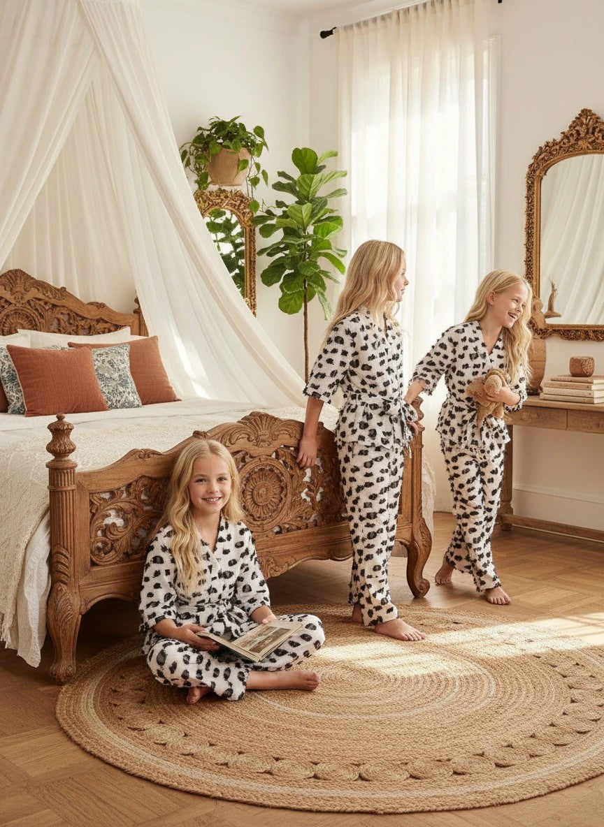 The Nile Luxuries girls two-piece lounge set in white with black textured dots, featuring kimono-style tie-waist top.