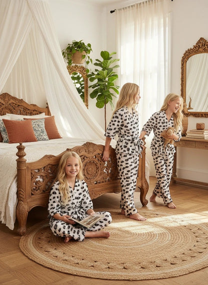 The Nile Luxuries girls two-piece lounge set in white with black textured dots, featuring kimono-style tie-waist top.