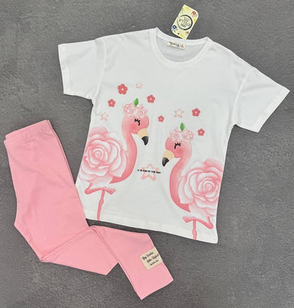 The Nile Luxuries girls two-piece set with white flamingo graphic t-shirt and pink ribbed leggings for summer.