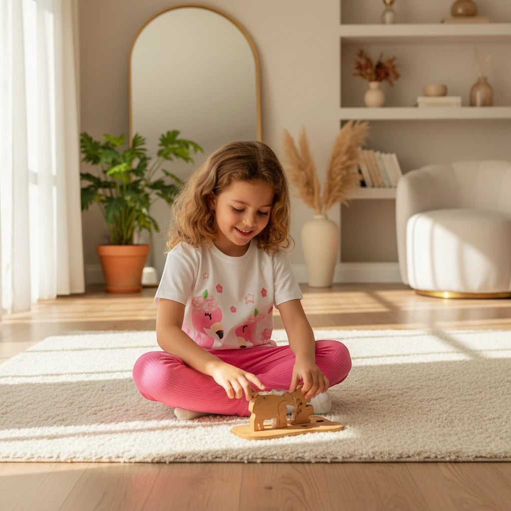 Girl wearing The Nile Luxuries white flamingo graphic t-shirt and pink ribbed leggings playing with a wooden toy.