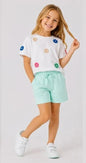 The Nile Luxuries white cotton t-shirt with floral appliques and mint green shorts set for girls.
