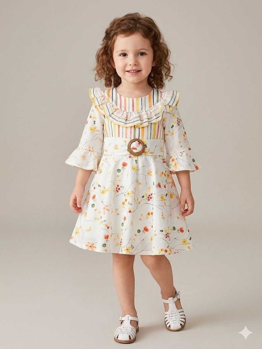 The Nile Luxuries Girls floral print dress with ruffle collar, bell sleeves, and wooden buckle belt. White with yellow, red, and green floral pattern.