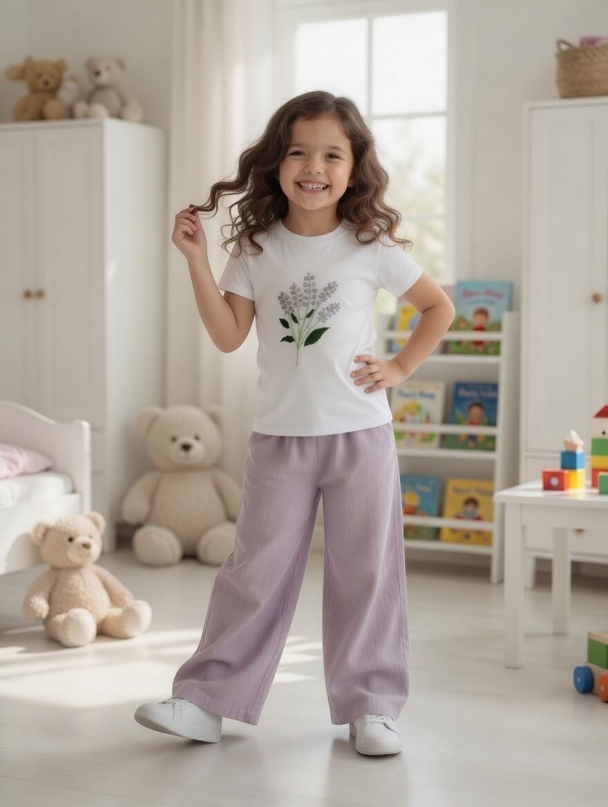 A smiling girl wears The Nile Luxuries white floral graphic t-shirt and lilac wide-leg pants in a bright playroom.