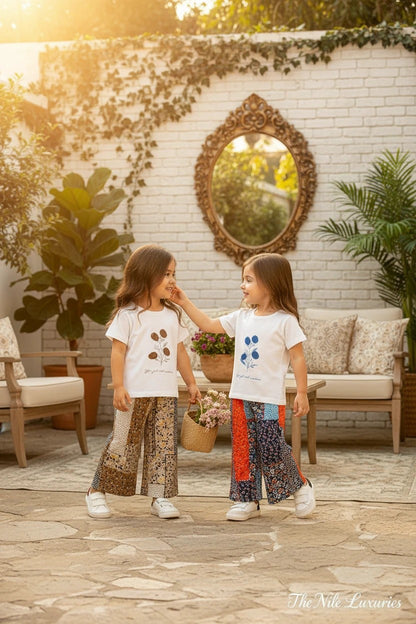 Two girls wearing The Nile Luxuries floral graphic t-shirts and colorful patchwork wide-leg pants in a garden setting.