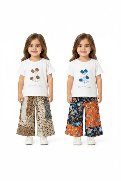 The Nile Luxuries girls' two-piece set with white graphic tees and floral patchwork wide-leg pants on a young model.