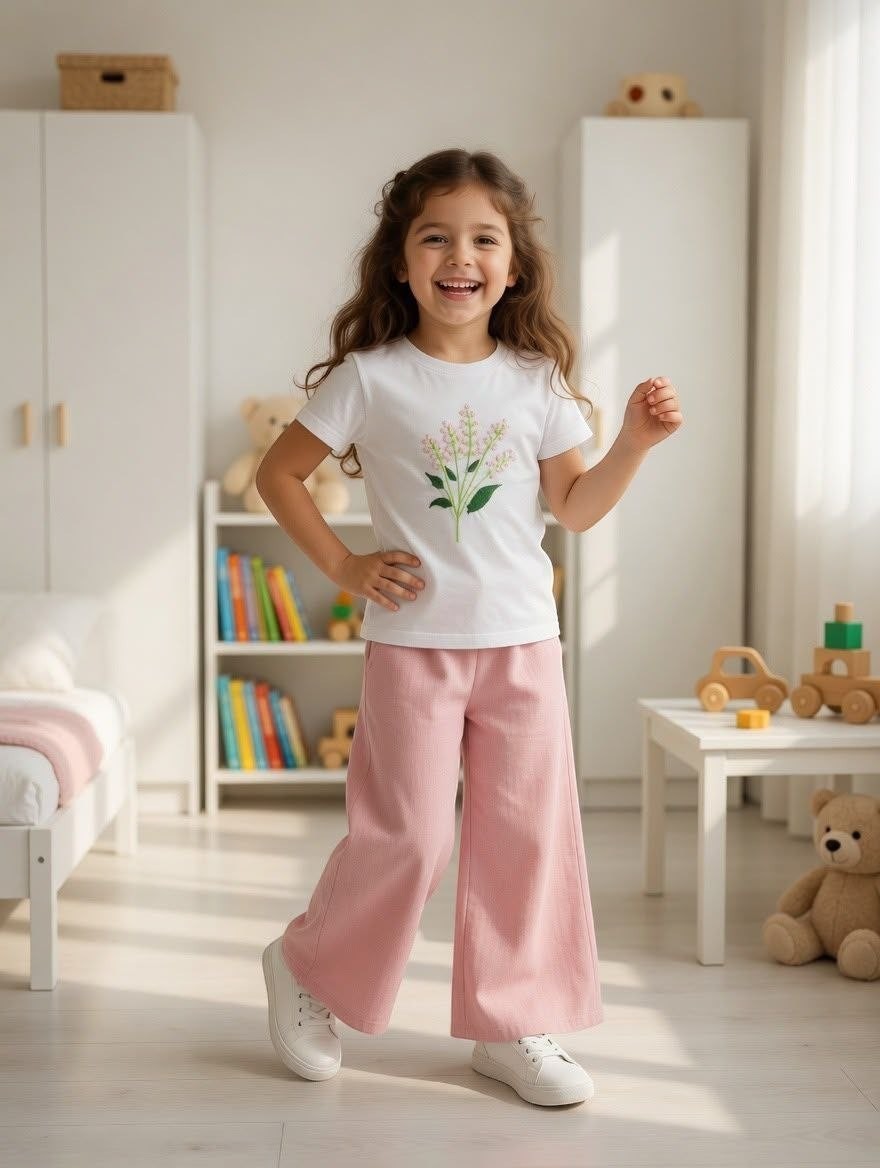 A girl wearing a The Nile Luxuries white floral embroidered t-shirt and pink wide-leg pants in a bright bedroom.