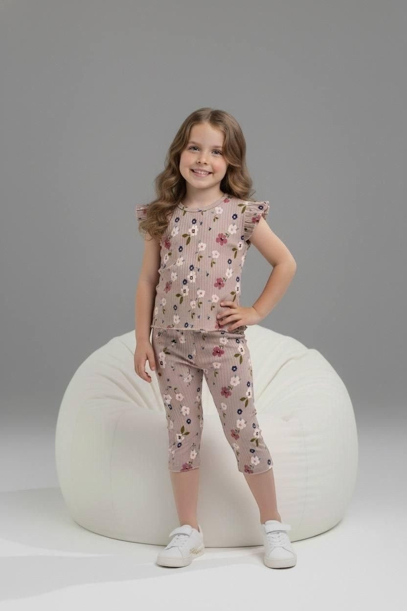 Girl wearing The Nile Luxuries ribbed floral lounge set with flutter sleeves and cropped leggings on a beanbag chair
