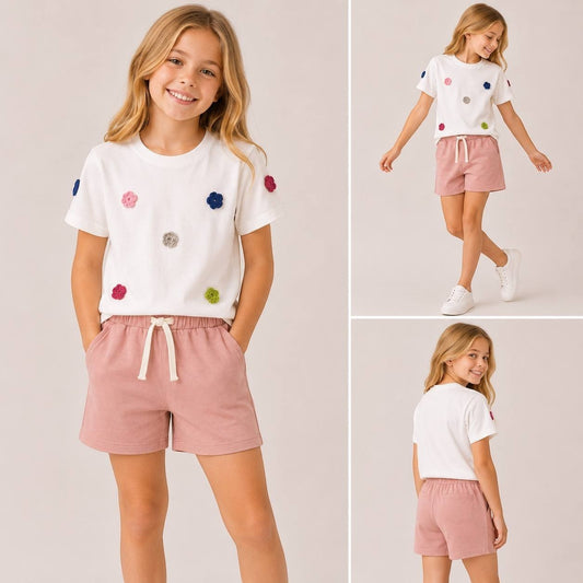 The Nile Luxuries girl's two-piece set with white floral applique t-shirt and dusty-rose knit drawstring shorts.