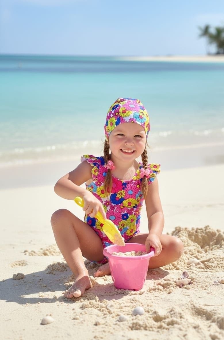 The Nile Luxuries girls floral print swimsuit with ruffle sleeves and matching bonnet, playing in the sand.