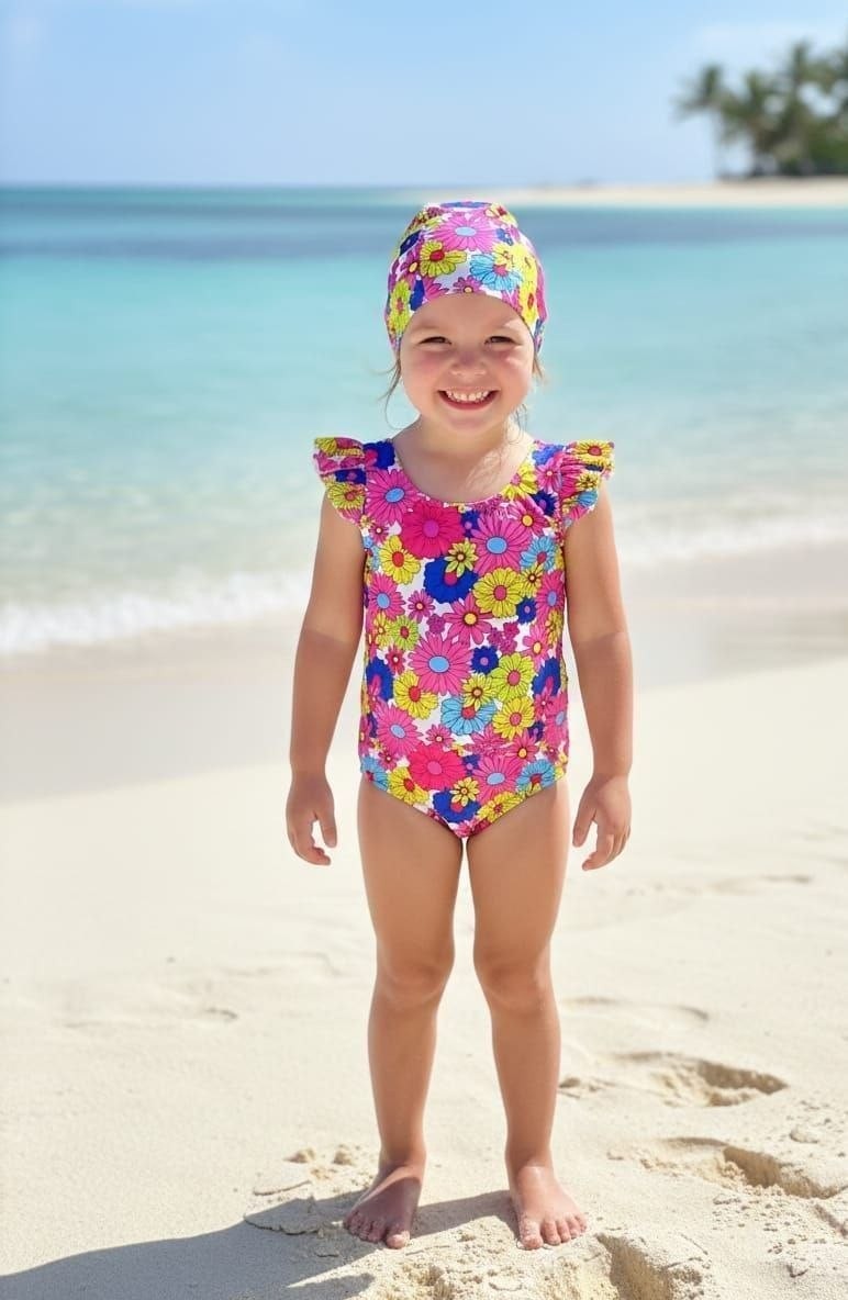The Nile Luxuries girls' floral print swimsuit with ruffle sleeves and matching bonnet on a beach.