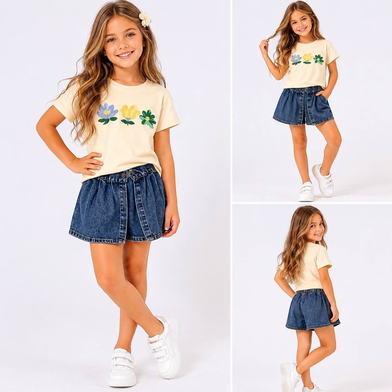 Girl wearing The Nile Luxuries floral graphic t-shirt and denim skort set with white sneakers on a white background.