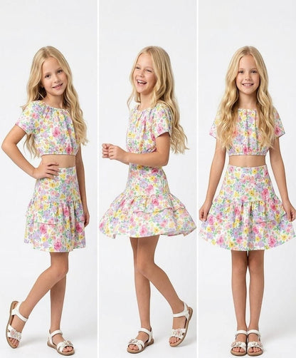 The Nile Luxuries girls two-piece set featuring a floral crop top and tiered skirt in soft pastel colors.