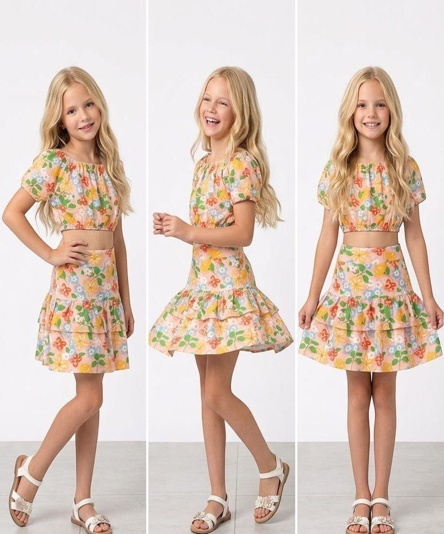 The Nile Luxuries girls two-piece set featuring a floral crop top and tiered skirt in soft peach and pastel tones.