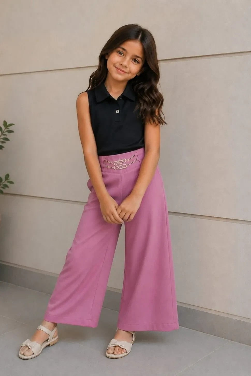 The Nile Luxuries girls fuchsia wide-leg palazzo pants with chain detail waistband, high-waisted fit, lightweight fabric.