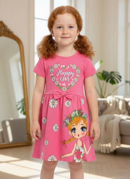 The Nile Luxuries pink girls' casual dress with daisy print, Happy Girl graphic, and a decorative waist bow.