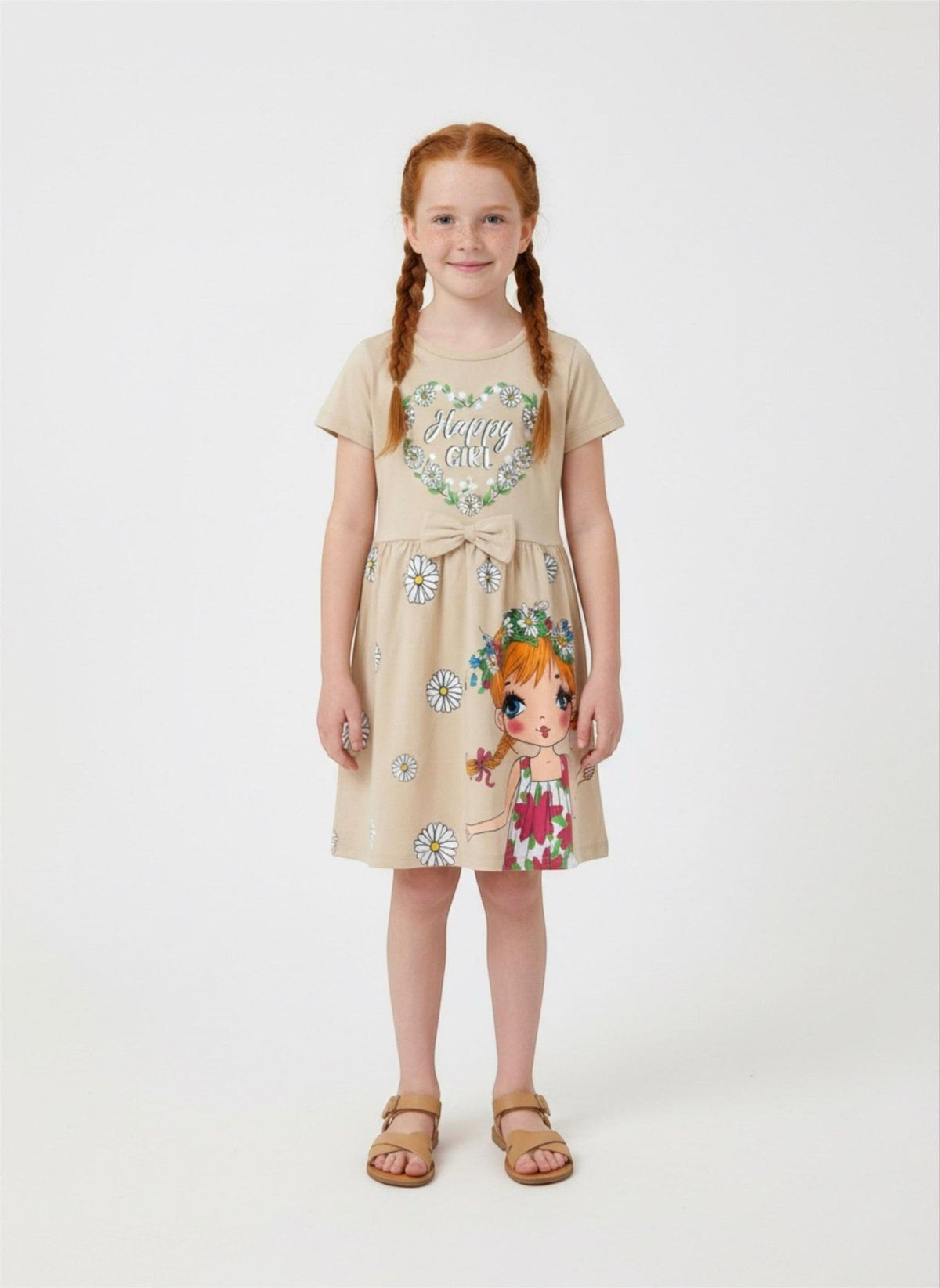 The Nile Luxuries girls' beige casual dress with daisy print, Happy Girl graphic, and waist bow worn by a young model.