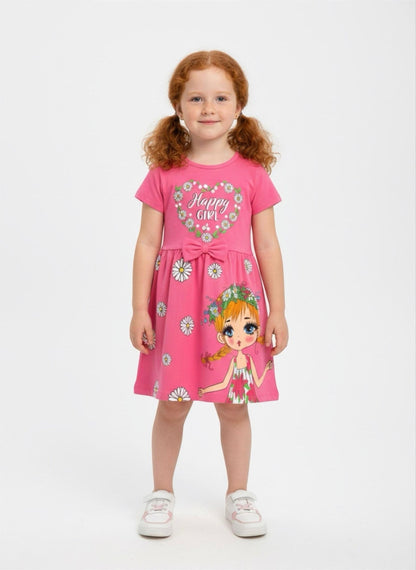 The Nile Luxuries pink short-sleeve girls' casual dress with daisy print, Happy Girl graphic, and waist bow detail.