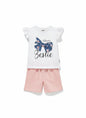 The Nile Luxuries white cotton t-shirt with floral bow graphic and "Mama's Bestie" slogan, paired with pink shorts.