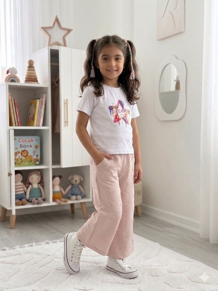 Girl wearing The Nile Luxuries white graphic t-shirt and pink textured wide-leg star pants in a bright playroom.