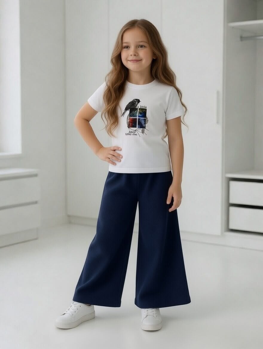 Girl wearing The Nile Luxuries white bird graphic t-shirt and navy blue ribbed wide-leg trousers with white sneakers.