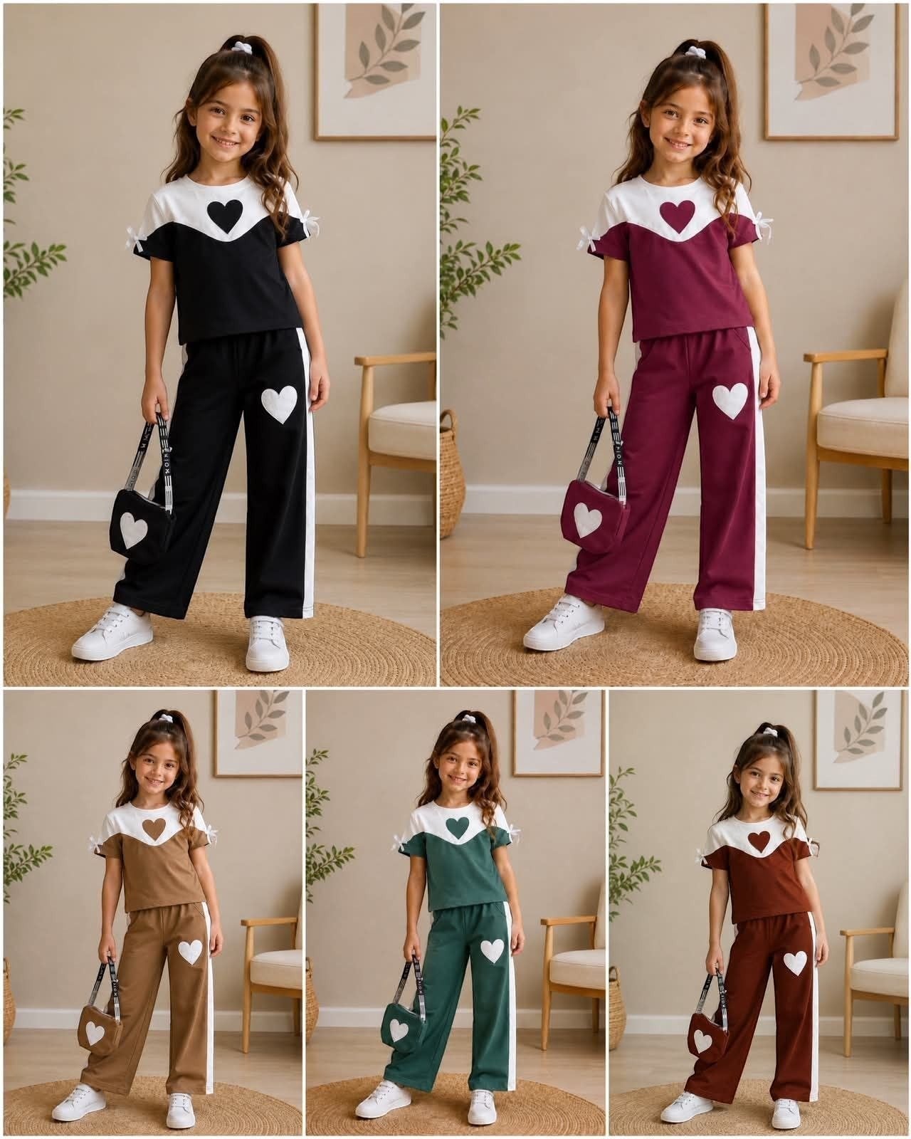 The Nile Luxuries girls heart graphic short sleeve top and wide leg pants lounge set in various colors with matching bags.