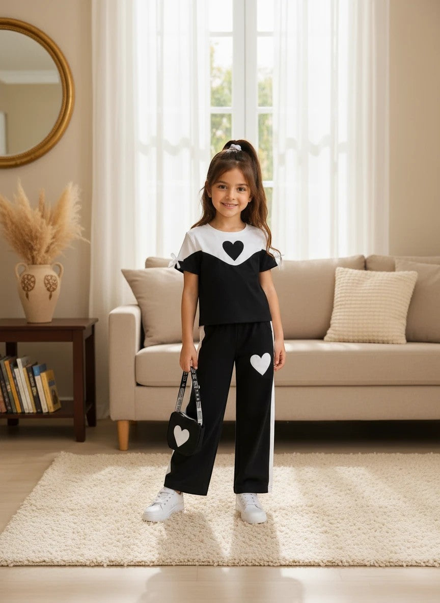 The Nile Luxuries girls black and white heart graphic short sleeve top and wide leg pants set with tie sleeves.