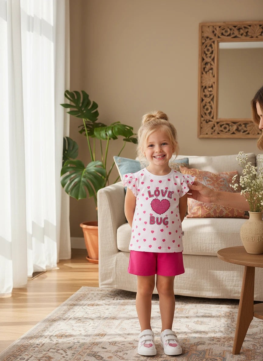 The Nile Luxuries girls white t-shirt with pink heart print and flutter sleeves paired with matching pink shorts.