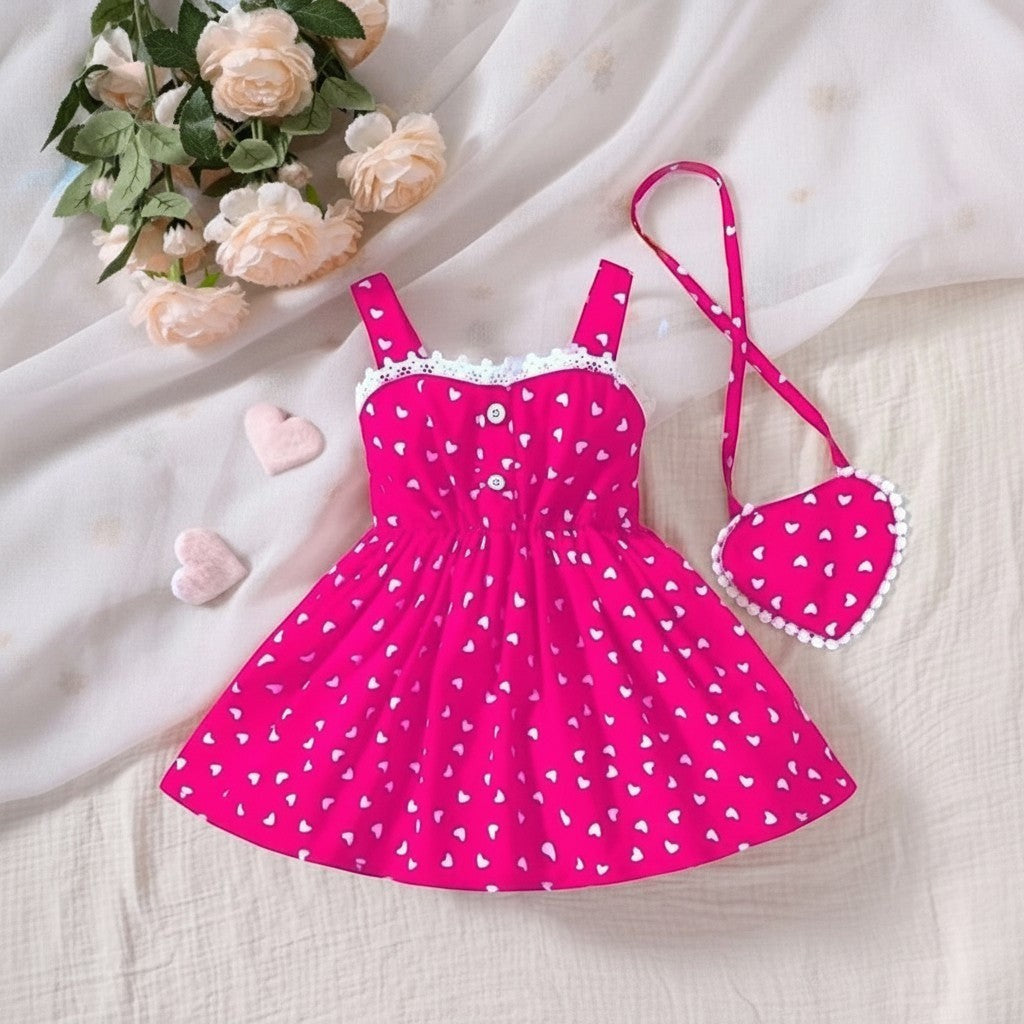The Nile Luxuries girls' hot pink heart print sundress with white lace trim and matching purse.