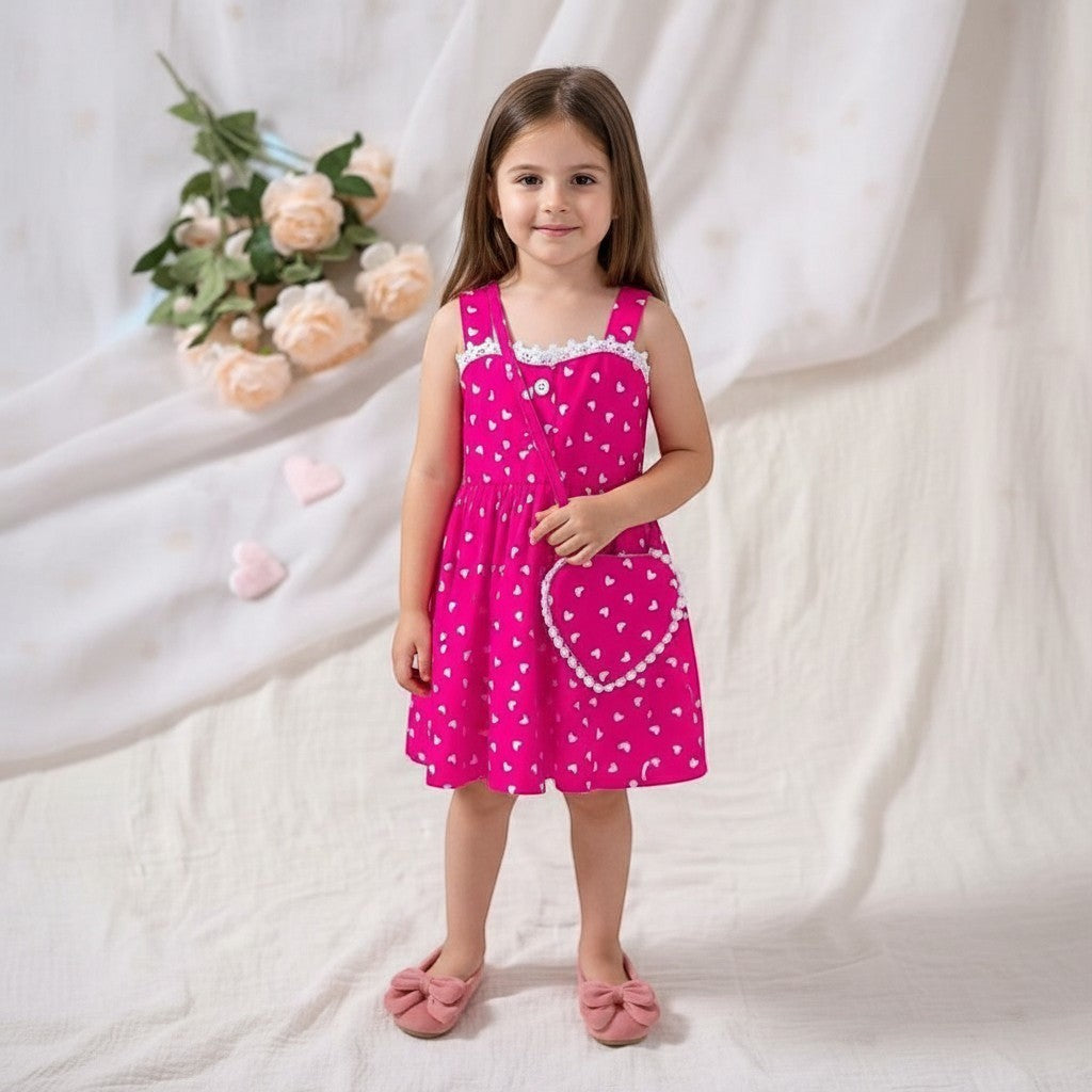 The Nile Luxuries girls' hot pink heart print sundress with white lace trim and matching purse.