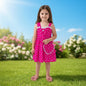 The Nile Luxuries girls' fuchsia heart print sundress with lace trim and matching heart purse. Sleeveless with adjustable straps.