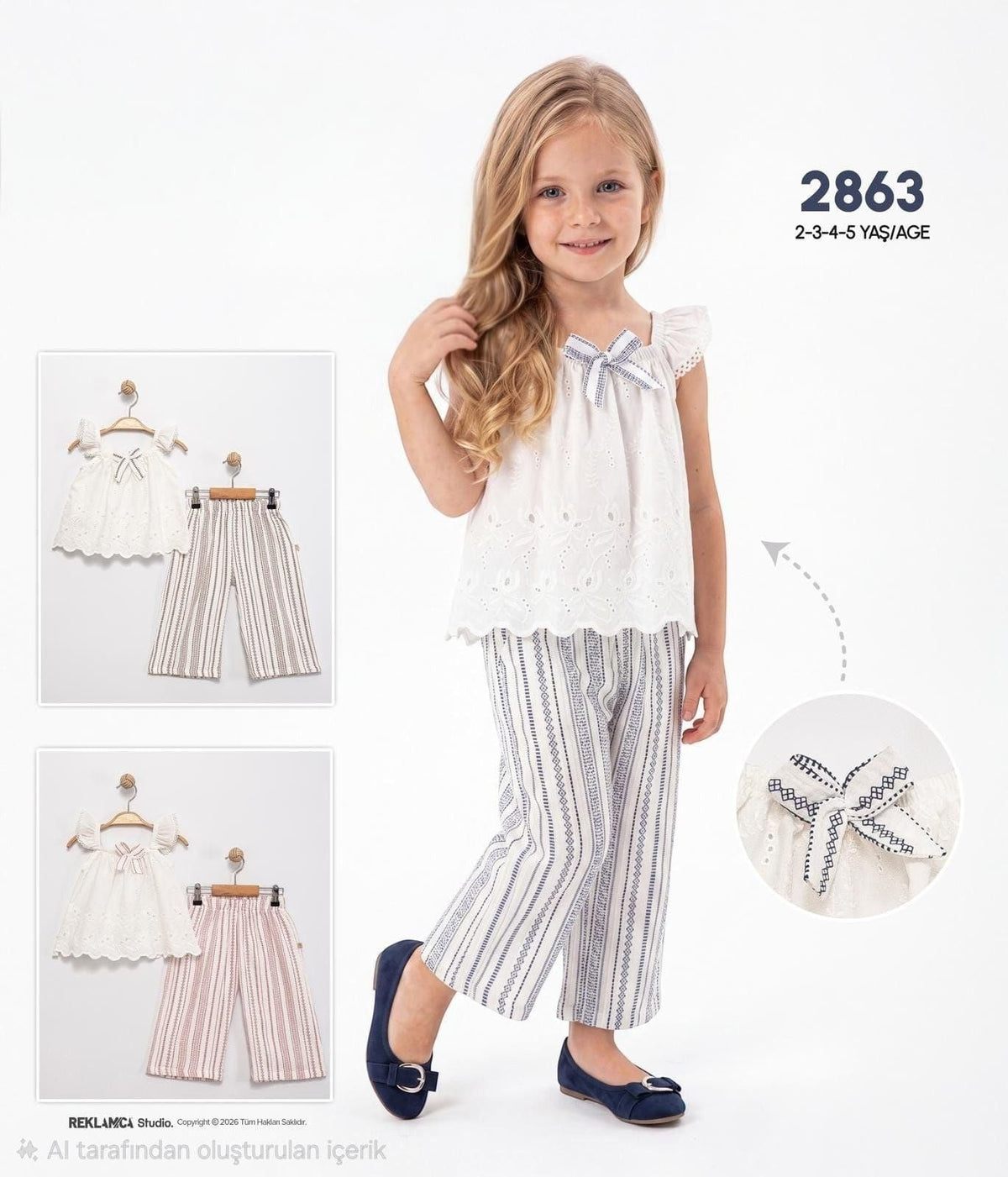 The Nile Luxuries girls white eyelet lace sleeveless top with flutter sleeves and striped wide-leg trousers set.