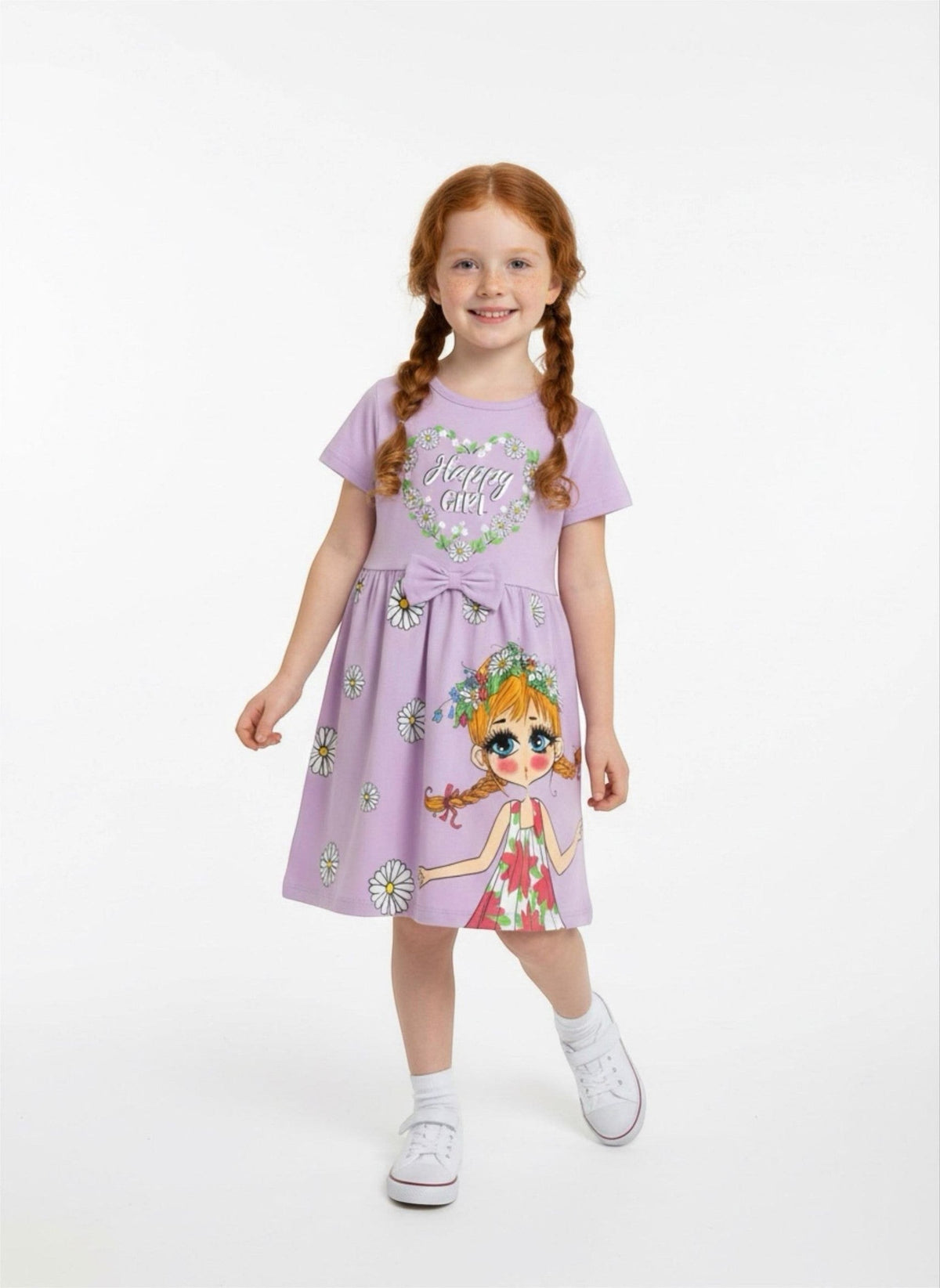 The Nile Luxuries girls' lavender casual dress with daisy print, Happy Girl graphic, and waist bow on a young model.