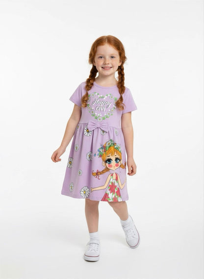 The Nile Luxuries girls' lavender casual dress with daisy print, Happy Girl graphic, and waist bow on a young model.