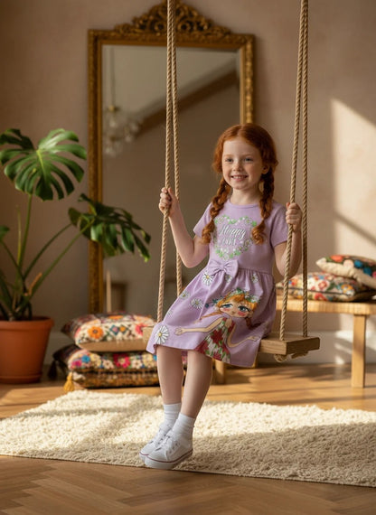 The Nile Luxuries girls' lavender casual dress with Happy Girl graphic, daisy print, and waist bow on a girl on a swing
