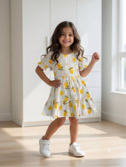 The Nile Luxuries girl wearing a white tiered dress with a yellow lemon and floral print and puff sleeves
