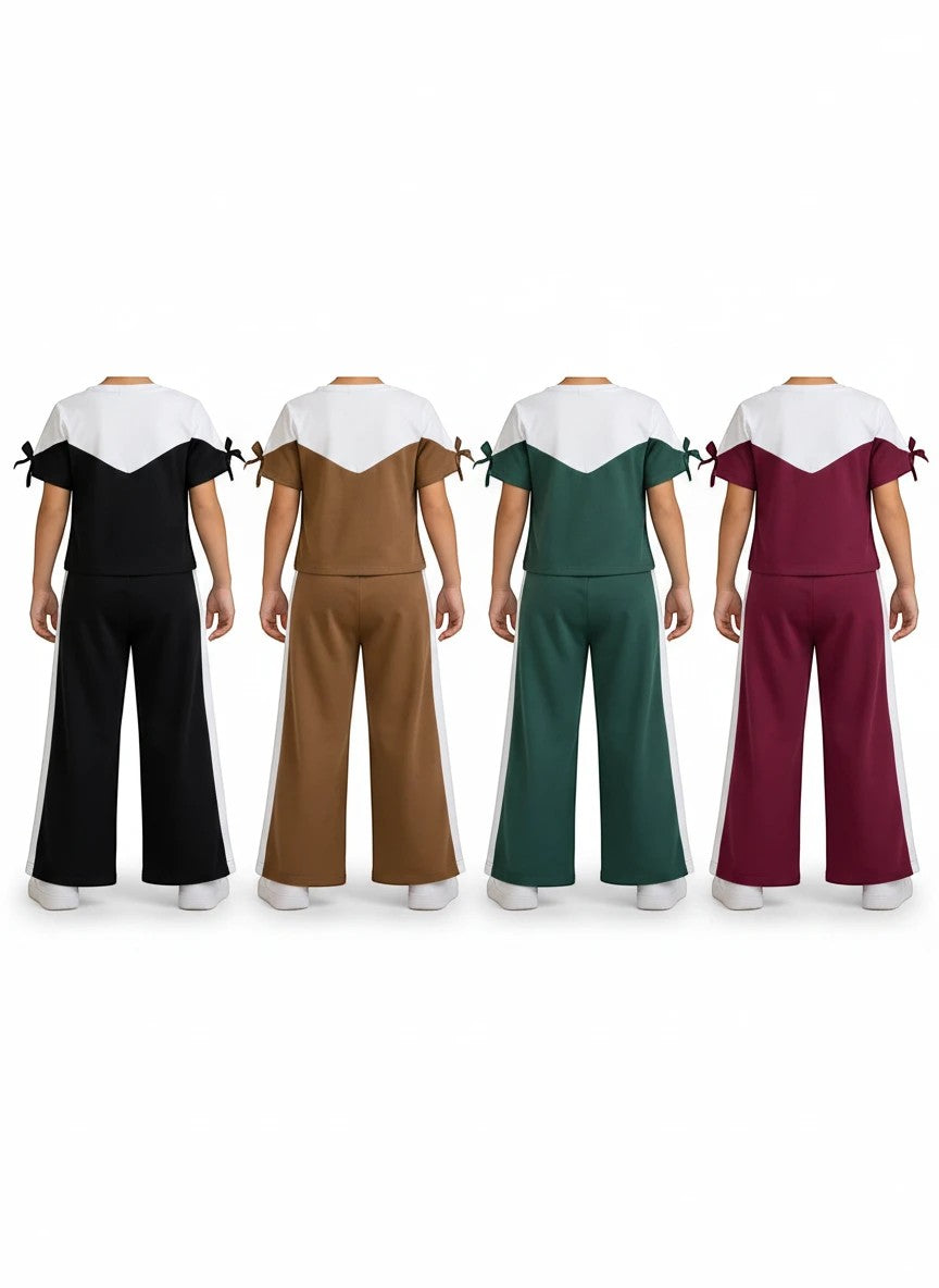 The Nile Luxuries girls two-piece lounge set with color-blocked short sleeve tops and wide-leg pants in four colors.