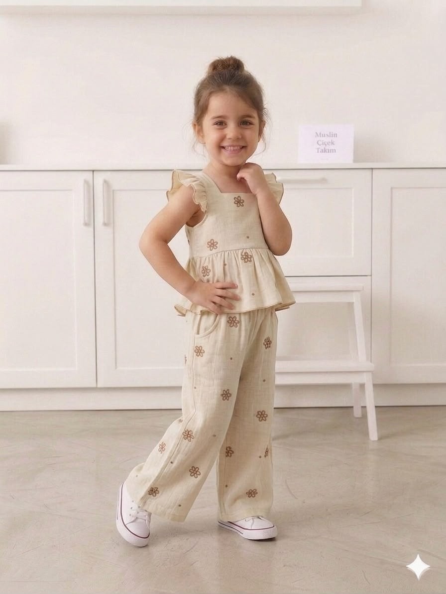 A smiling girl wearing The Nile Luxuries beige muslin floral ruffle peplum top and matching wide-leg trousers.