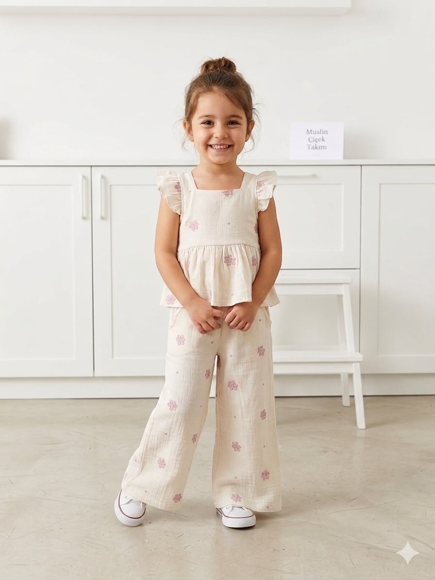 The Nile Luxuries girls' cream muslin floral set with a ruffled peplum top and wide-leg pants on a smiling child.