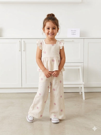 The Nile Luxuries girls' cream muslin floral set with a ruffled peplum top and wide-leg pants on a smiling child.